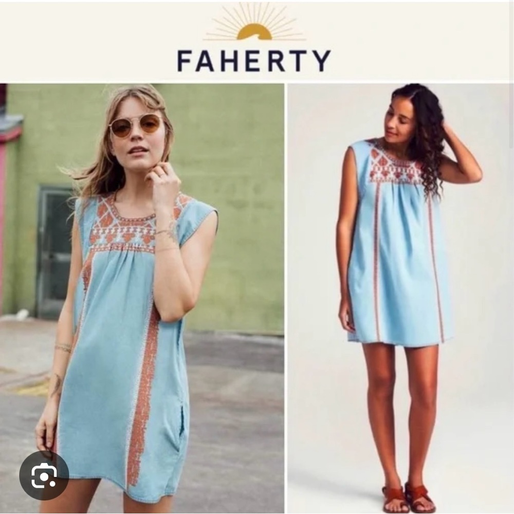 Faherty Queenie Embroidered Chambray Sleeveless Boho Pocket Dress Medium